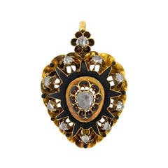 Victorian Rose Cut Diamond Gold Enameled Heart Pendant