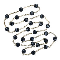 Contemporary 64 Inch Banded Agate Sterling Silver Link Necklace