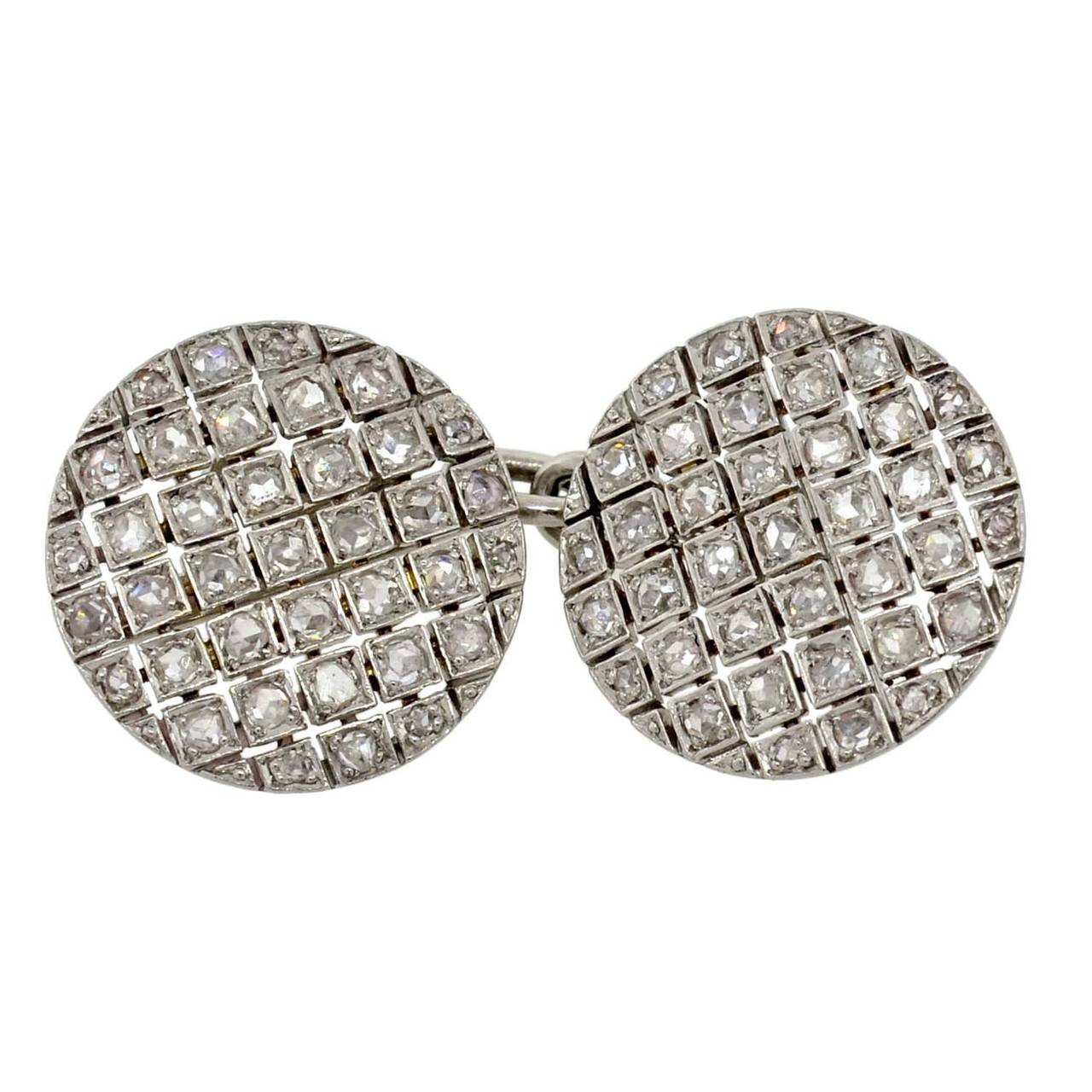 Édouardien Boutons de manchette édouardiens en damier avec diamants taille rose ancienne en vente