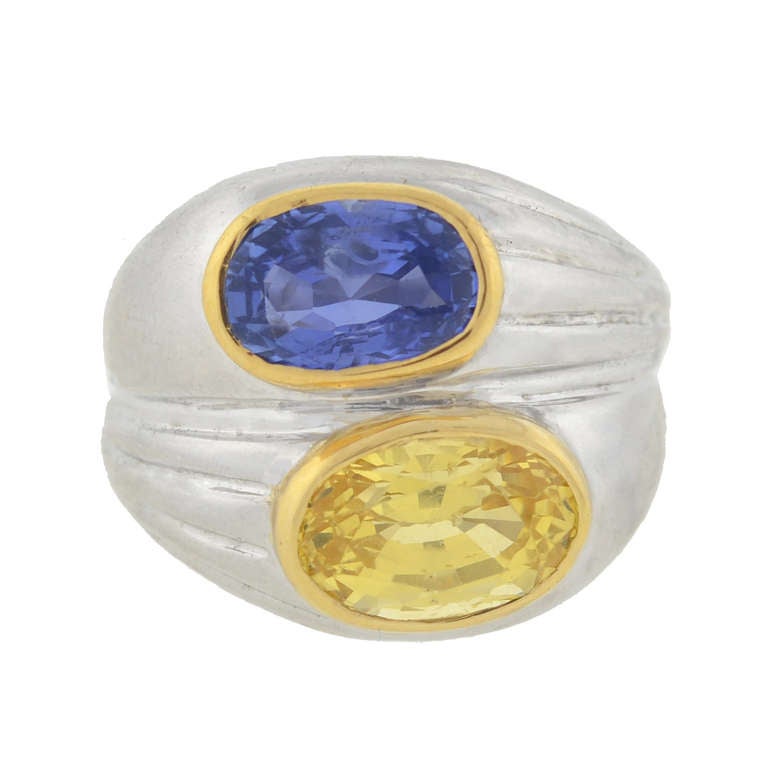 Bulgari Contemporary Blue and Yellow Double Sapphire Ring In Excellent Condition In Narberth, PA