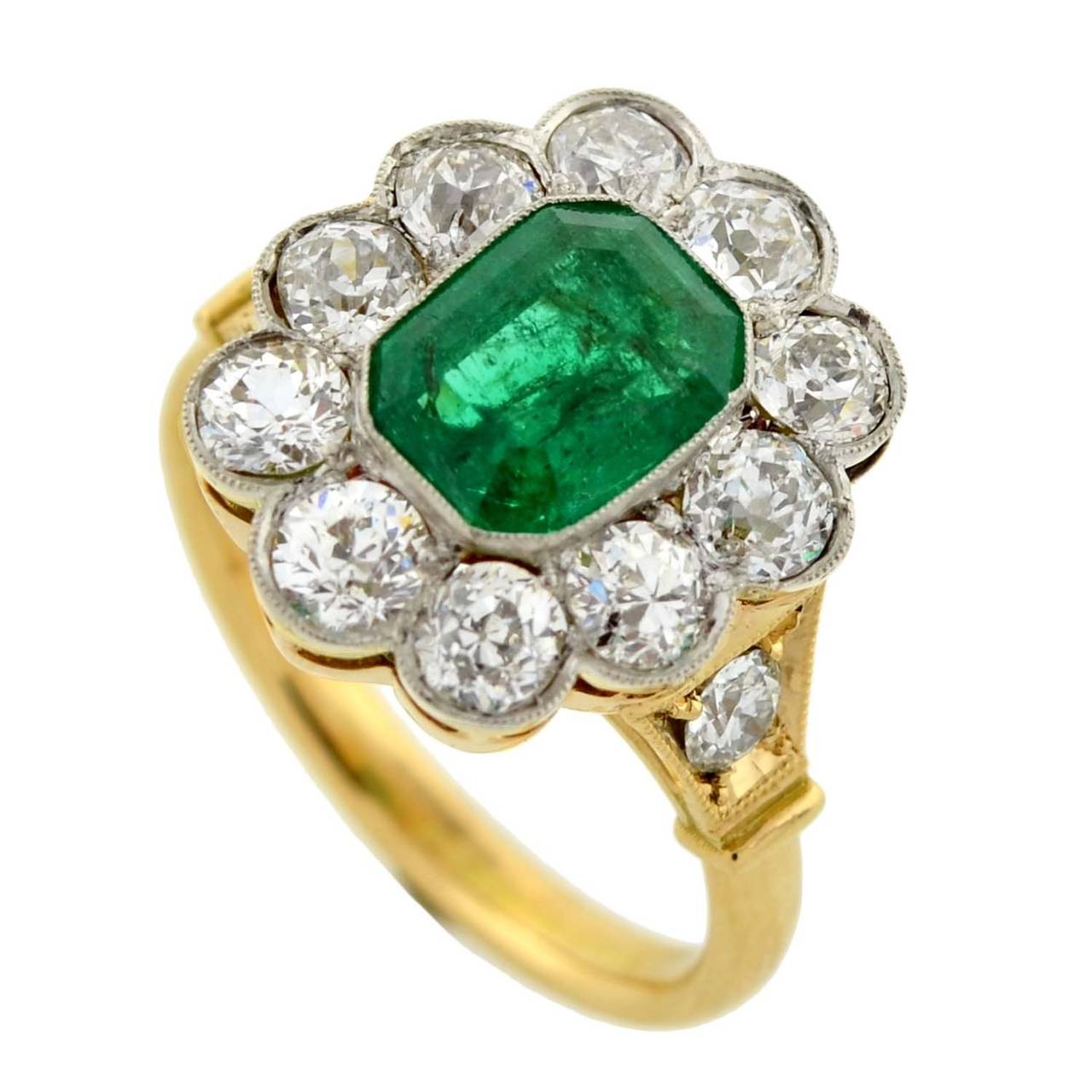 Edwardian Emerald Diamond Gold Platinum Cluster Engagement Ring In Excellent Condition In Narberth, PA