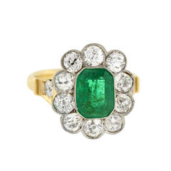 Edwardian Emerald Diamond Gold Platinum Cluster Engagement Ring