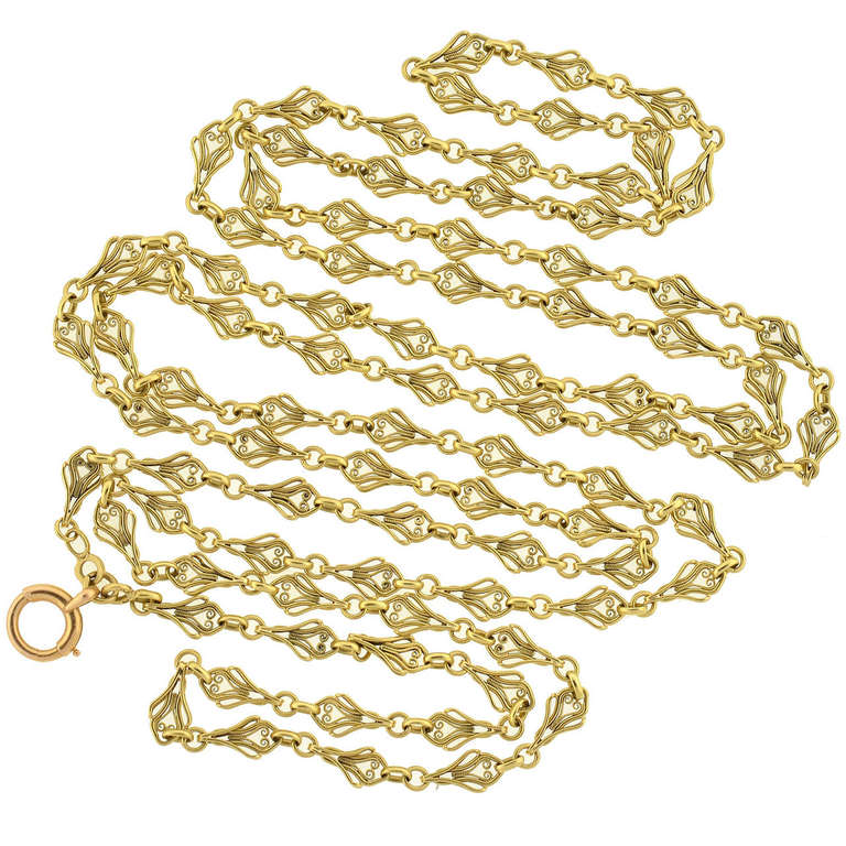 French Art Nouveau 62 Inch Long Gold Filigree Link Chain