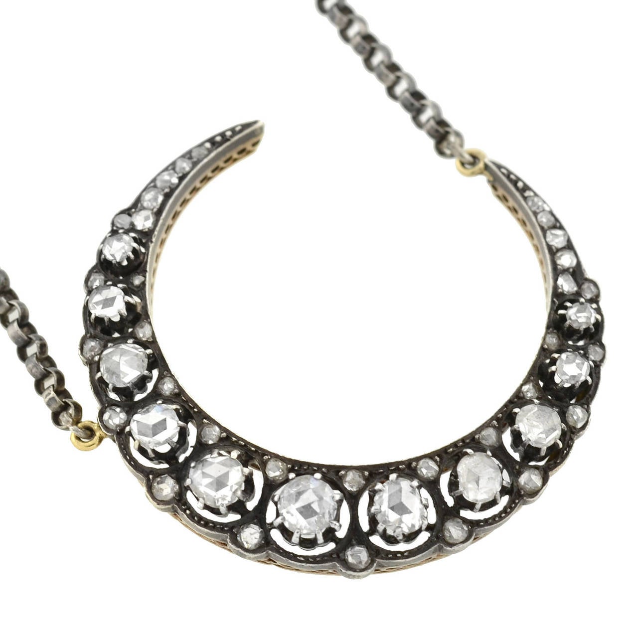 Victorian Rose Cut Diamond Crescent Necklace In Excellent Condition In Narberth, PA
