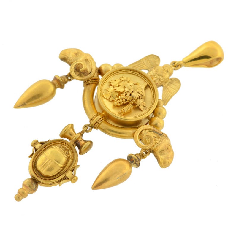 Victorian Gold Owl Ram's Head Scarab and Urns Pendant at 1stDibs