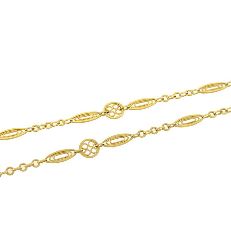 Women's Art Nouveau French Yellow Gold 59 Inch Filigree Link Chain