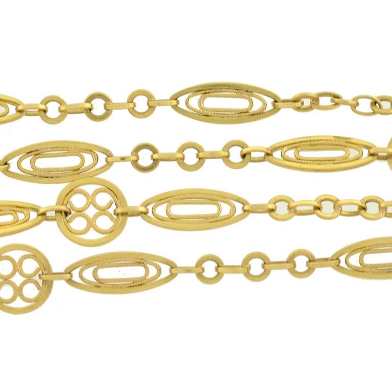 Art Nouveau French Yellow Gold 59 Inch Filigree Link Chain 1