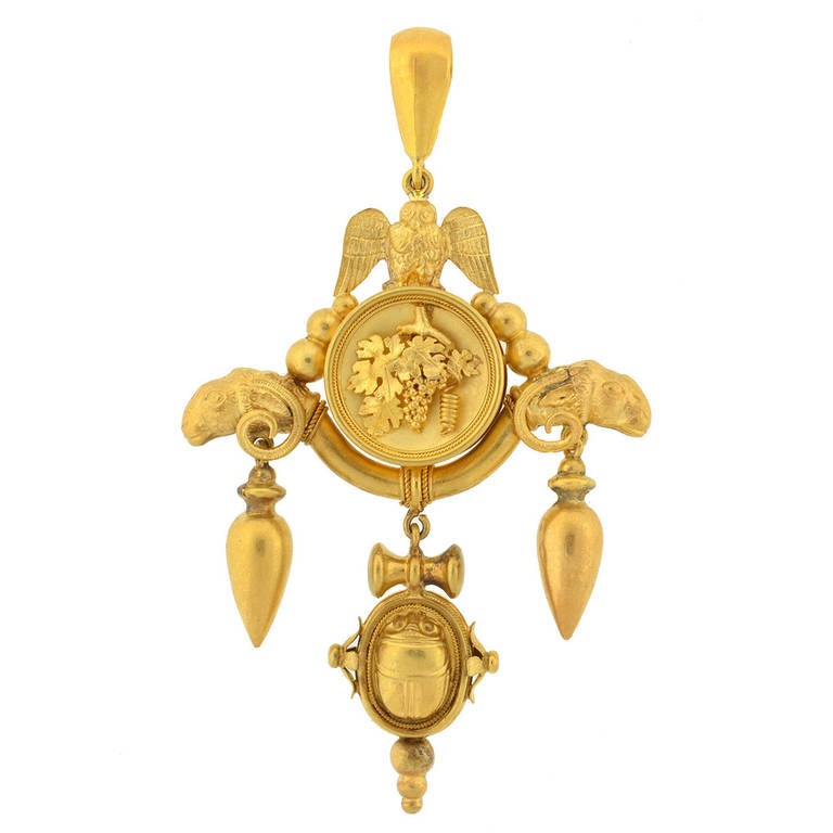 Victorian Gold Owl Ram's Head Scarab and Urns Pendant
