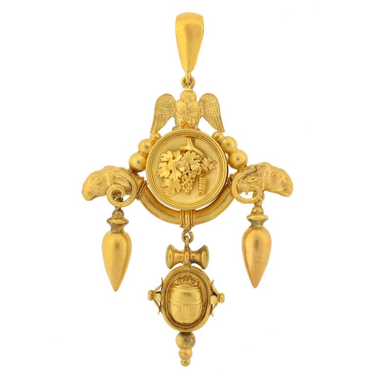 Victorian Gold Owl Ram
s Head Scarab and Urns Pendant