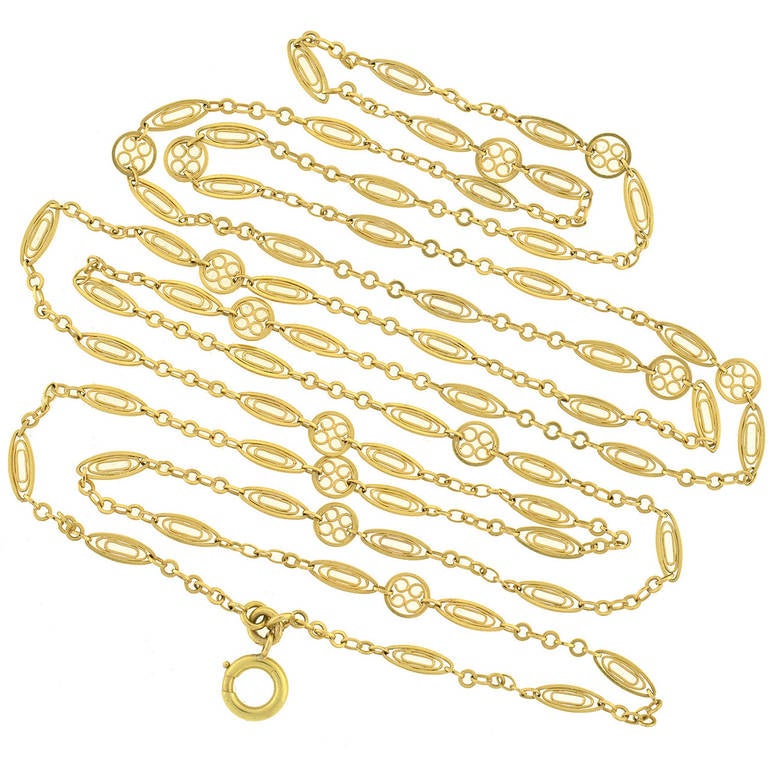 Art Nouveau French Yellow Gold 59 Inch Filigree Link Chain