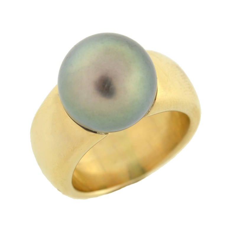 Women's Contemporary 12mm Tahitian Pearl Gold Band Ring For Sale