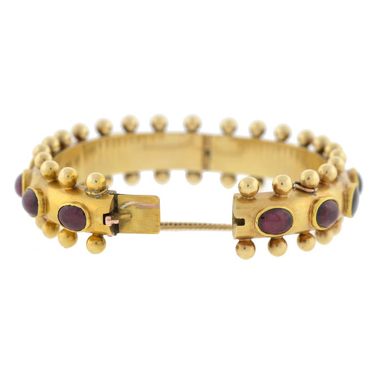 Victorian French Garnet Cabochon Gold Bangle Bracelet at 1stDibs