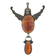 Art Nouveau Sterling and Amber Egyptian Revival Scarab Pendant 1