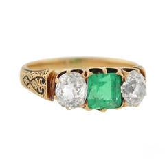 Victorian Diamond Emerald Gold Three Stone Ring