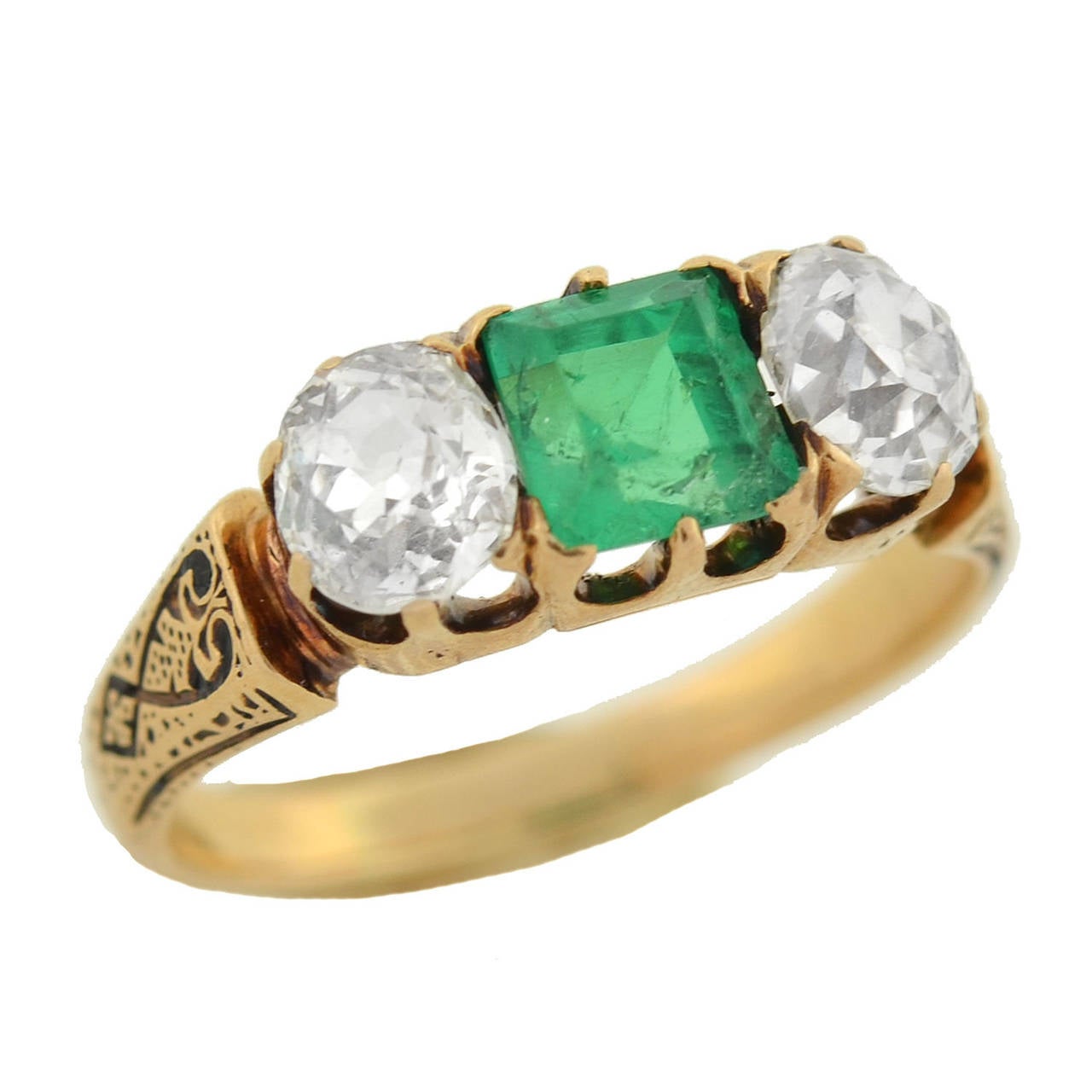 Victorian Diamond Emerald Gold Three Stone Ring 1