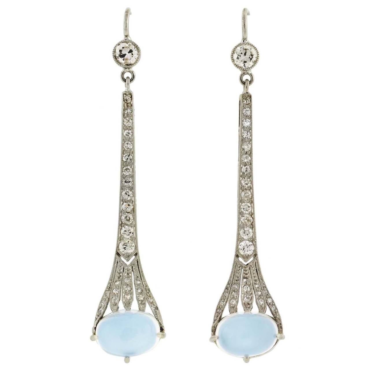 Art Deco Dramatic Moonstone Diamond Platinum Dangle Earrings at 1stDibs