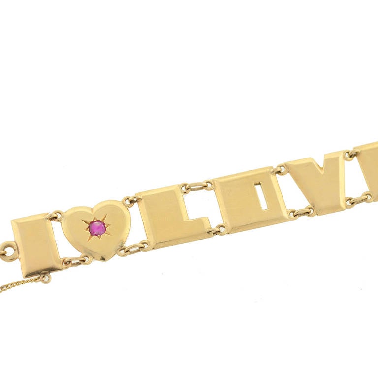 Retro Ruby Gold I Love You Heart Link Bracelet In Excellent Condition In Narberth, PA