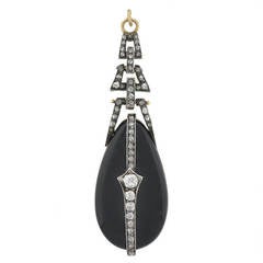 Victorian Onyx Rose Cut Diamond Silver Gold Pendant