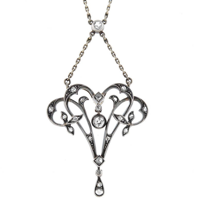Victorian Sterling-Topped Diamond Gold Lavaliere Necklace