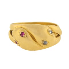 Victorian Ruby Diamond Gold Double Snake Band Ring