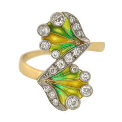 Antique Art Nouveau Plique à Jour Diamond Gold Ring