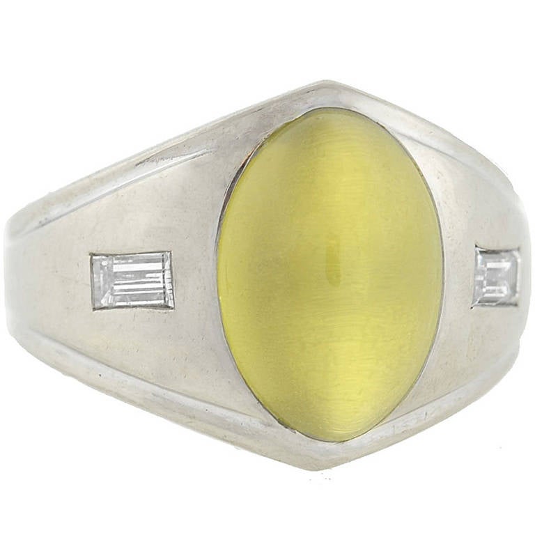 Edwardian Cat's Eye Chrysoberyl and Diamond Ring For Sale