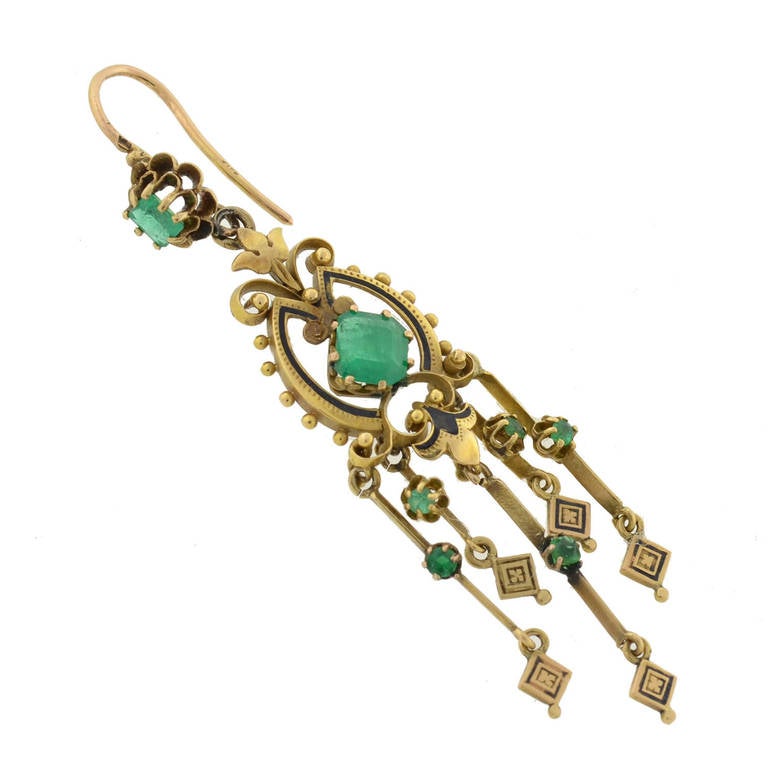 Victorian Enamel Emerald Gold Drippy Earrings In Excellent Condition In Narberth, PA