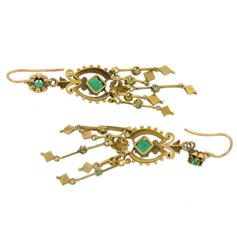 Victorian Enamel Emerald Gold Drippy Earrings 1