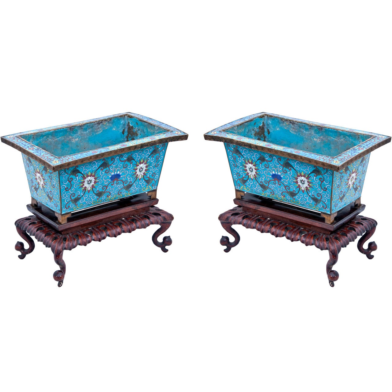 Pair of Republic Period Late Ching Chinese Cloisonne Planters Circa 1900