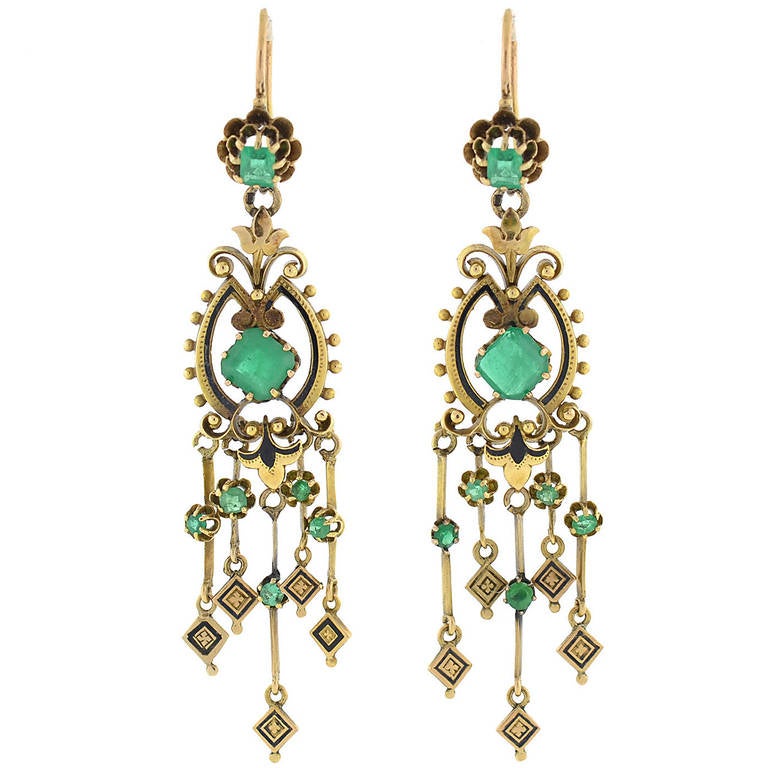Victorian Enamel Emerald Gold Drippy Earrings at 1stDibs