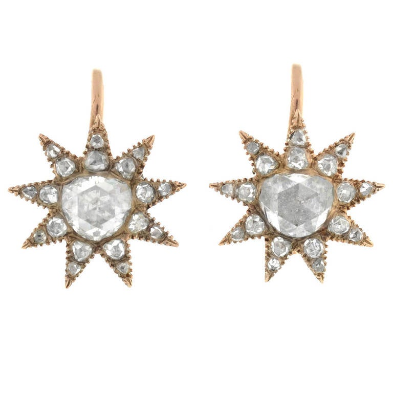Georgian Rare Holland and Rose Cut Diamond Starburst Earrings
