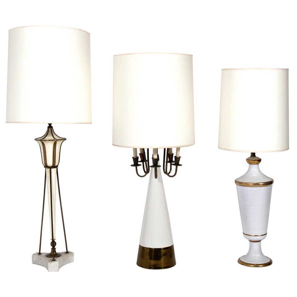 Elegant White and Brass Lamps in the Manner of Tommi Parzinger For Sale