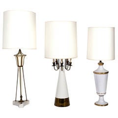 Elegant White and Brass Lamps in the Manner of Tommi Parzinger