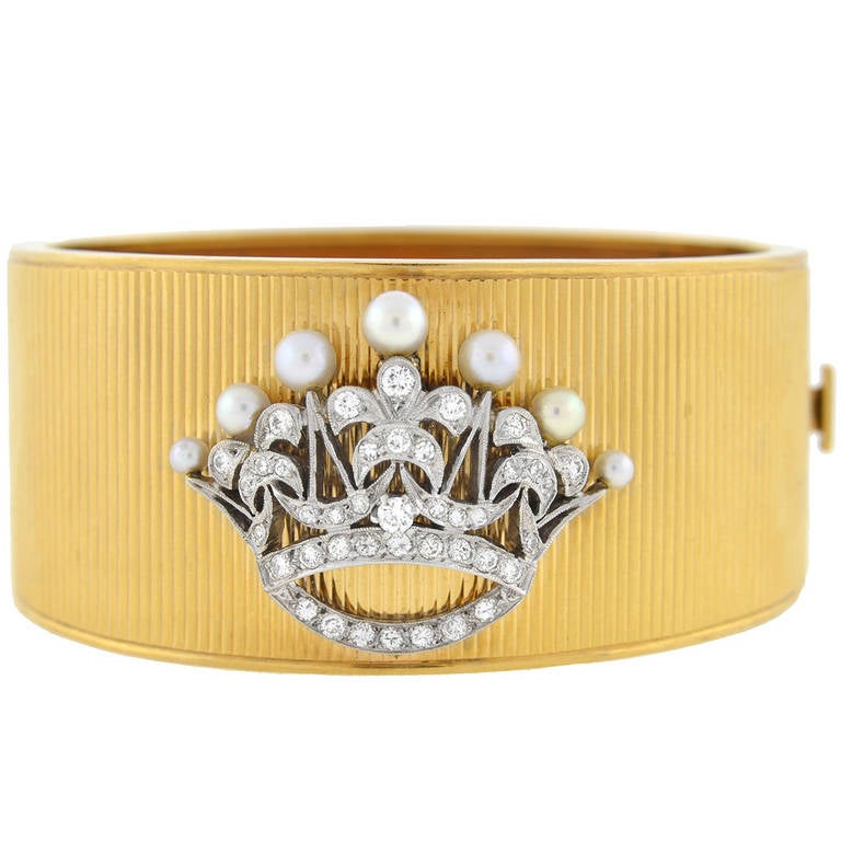 Retro Pearl Diamond Platinum Gold Crown Bracelet