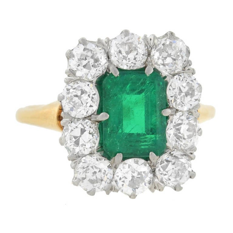 Edwardian Emerald Diamond Platinum Ring at 1stdibs