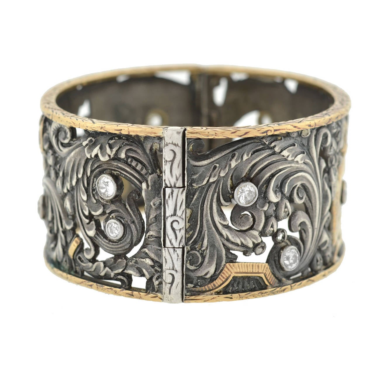Mid-Victorian Silver Diamond Gold Figural Filigree Bracelet