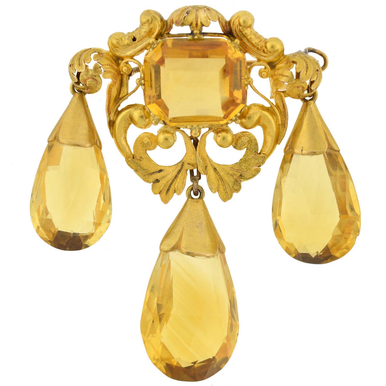 Women's Early Victorian Citrine Gold Necklace Pin Pendant Earring Set