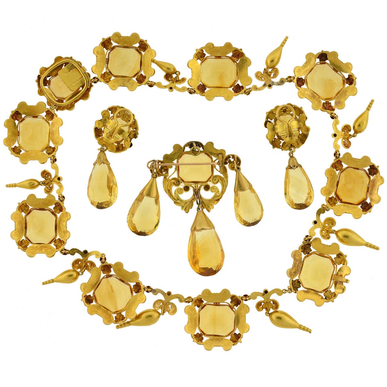 Early Victorian Citrine Gold Necklace Pin Pendant Earring Set 3