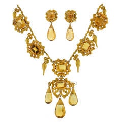 Early Victorian Citrine Gold Necklace Pin Pendant Earring Set