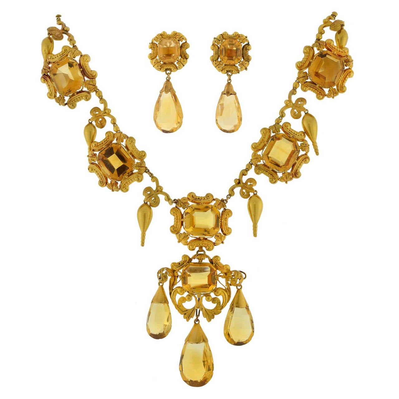 Early Victorian Citrine Gold Necklace Pin Pendant Earring Set at 1stDibs