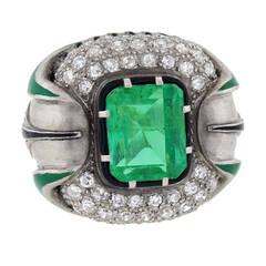 Art Deco Emerald Diamond Enameled Ring