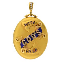 Victorian "With God's Help" Diamond Enamel Locket