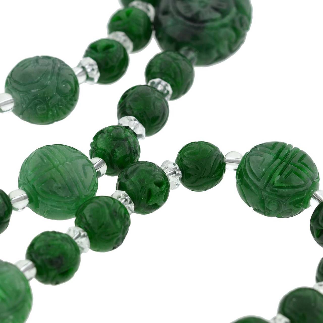 Art Deco Carved Jade and Rock Quartz Crystal Bead Necklace at 1stDibs