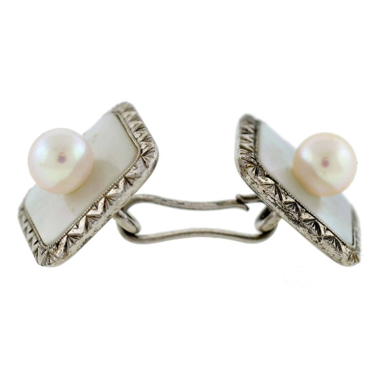 Mikimoto Mother of Pearl and Pearl Cufflink Set In Excellent Condition In Narberth, PA