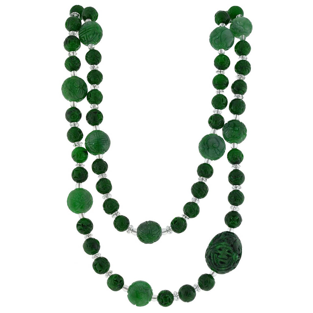 Art Deco Carved Jade and Rock Quartz Crystal Bead Necklace