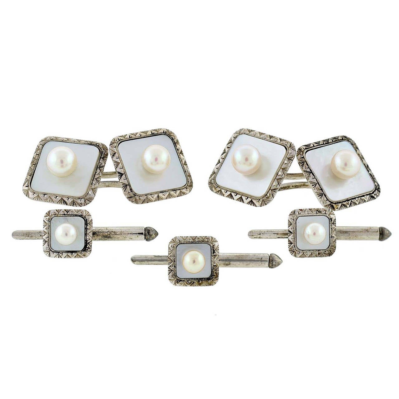 Mikimoto Mother of Pearl and Pearl Cufflink Set