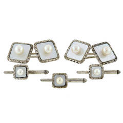 Retro Mikimoto Mother of Pearl and Pearl Cufflink Set