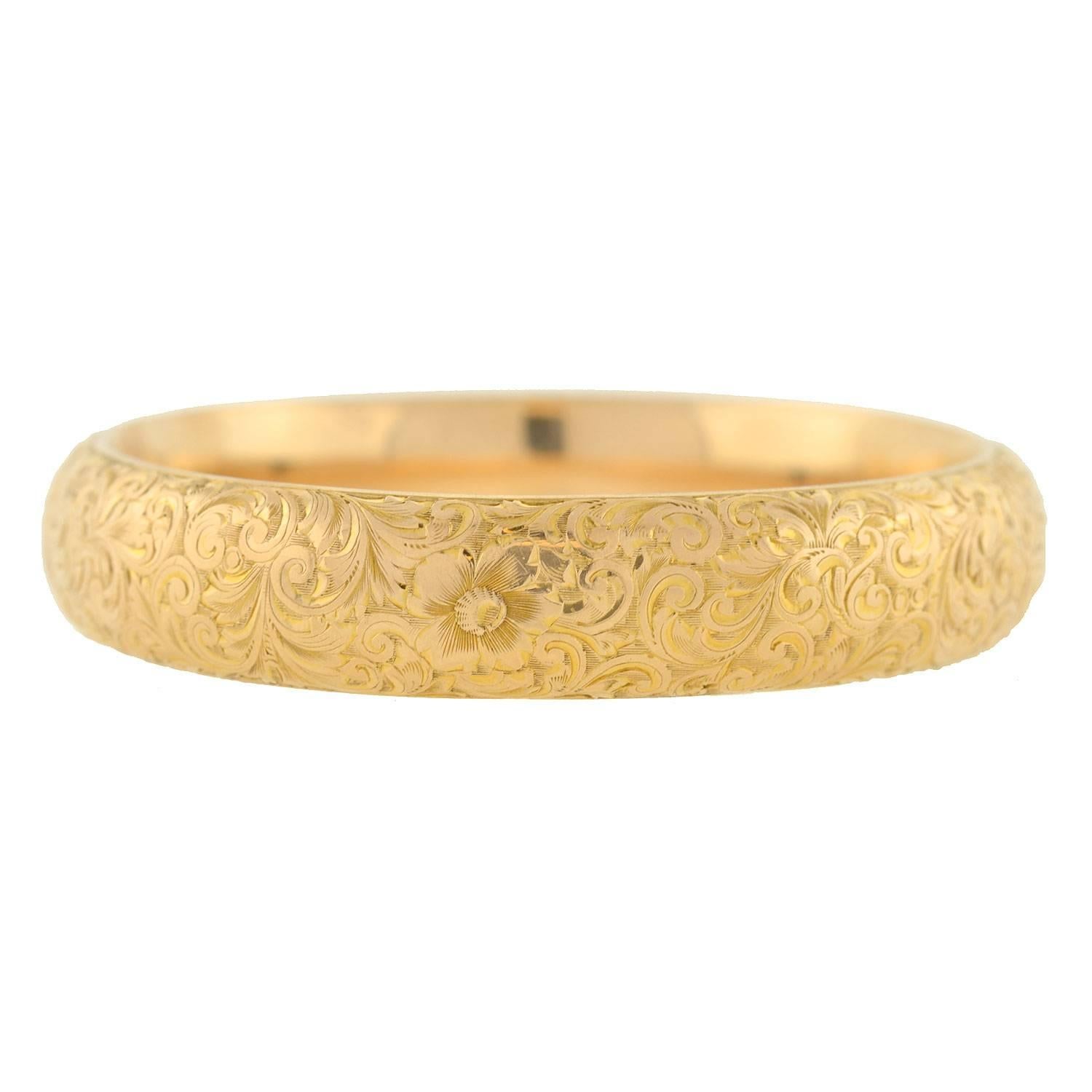 Women's Riker Brothers Art Nouveau Etched Gold Bangle Bracelet