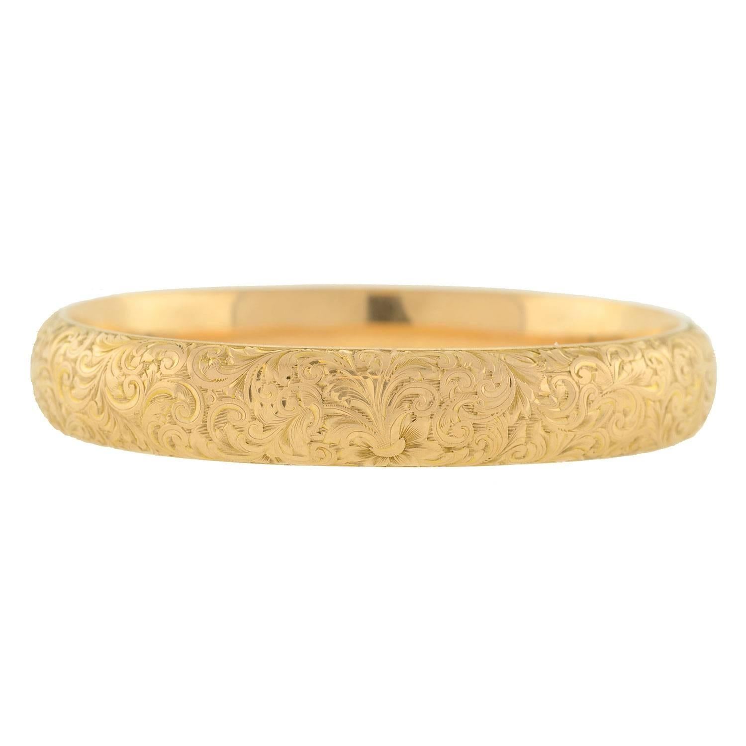 Riker Brothers Art Nouveau Etched Gold Bangle Bracelet