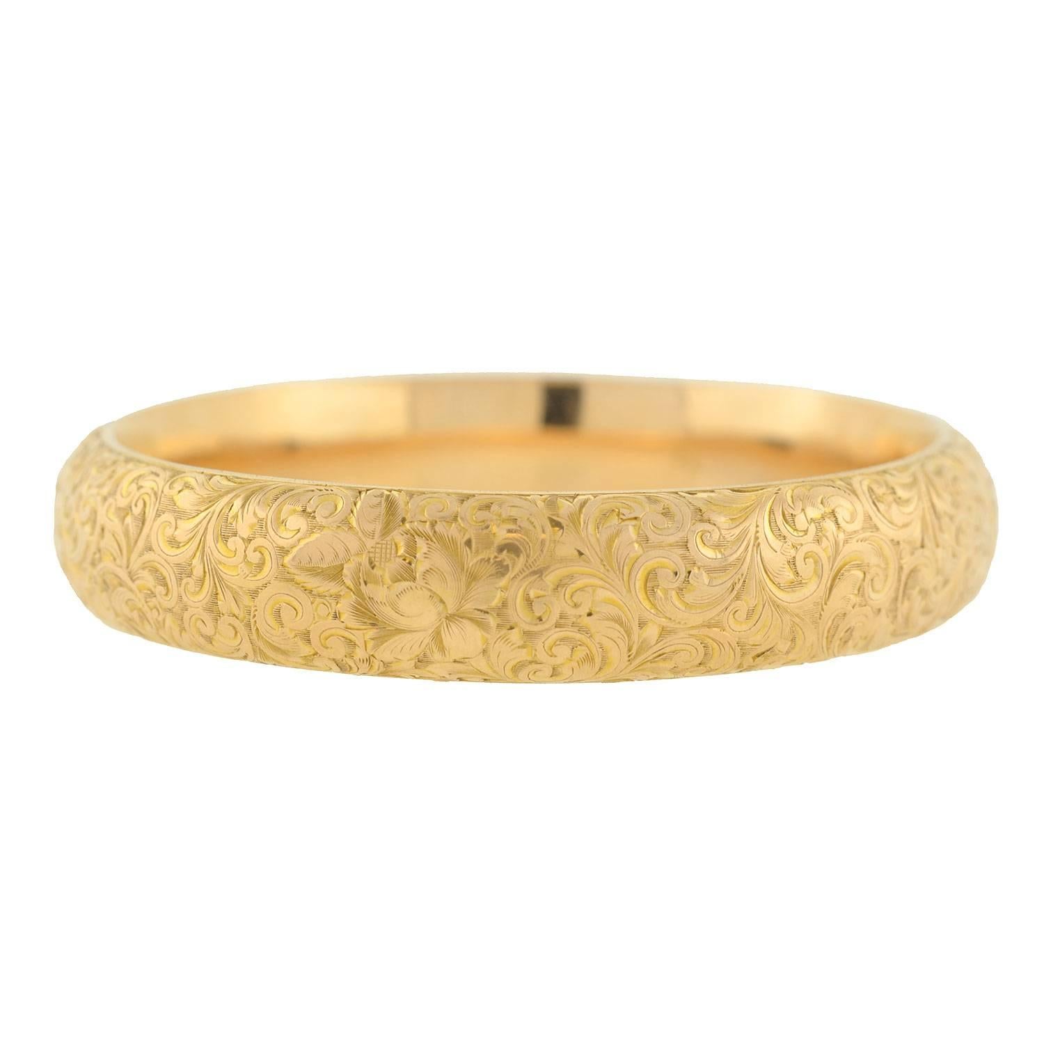 Riker Brothers Art Nouveau Etched Gold Bangle Bracelet In Excellent Condition In Narberth, PA